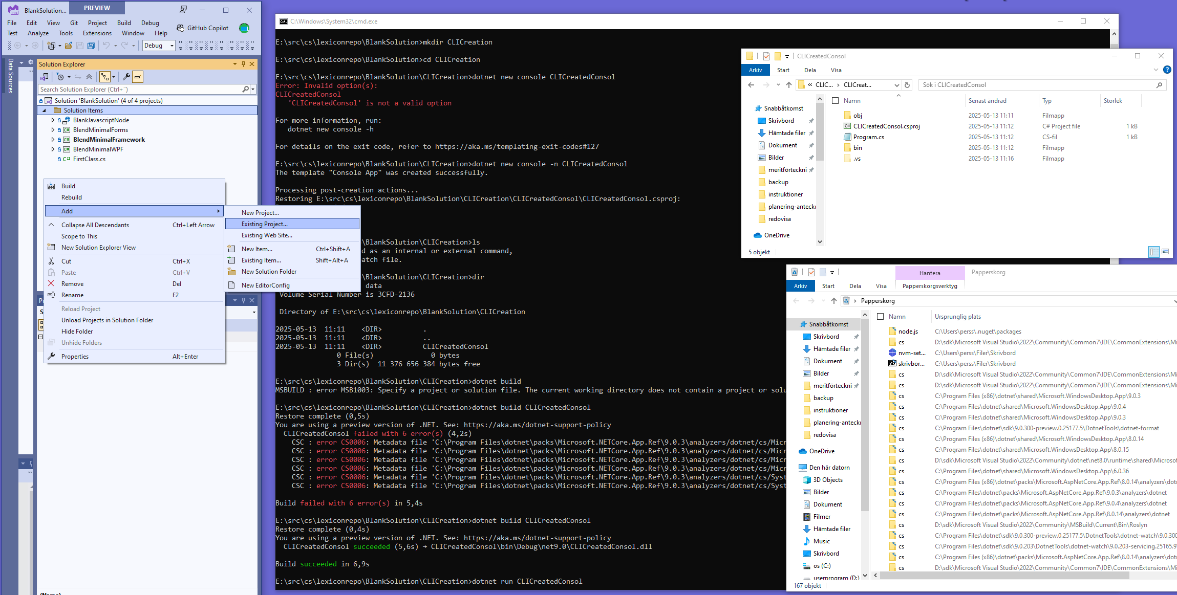 Manouvering Visual Studio from command line. Creating project.